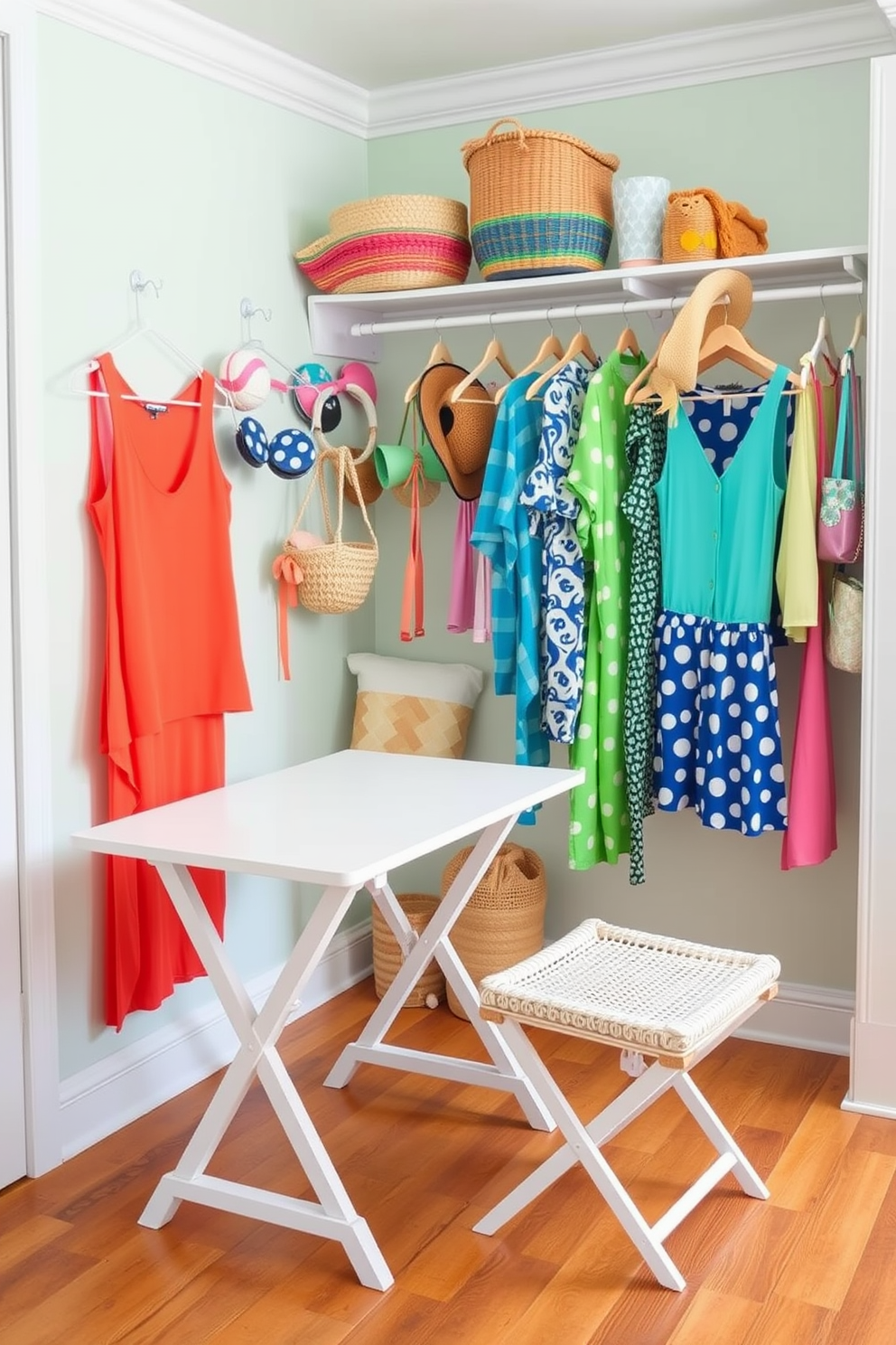 A stylish summer closet featuring a folding table for convenience is organized with vibrant beachwear and accessories. The walls are painted in a light pastel color, and the flooring is a warm wood tone, creating a cheerful atmosphere.