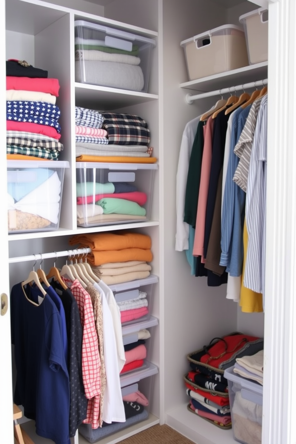 Create a bright and airy summer closet featuring clear bins that provide easy visibility of all items. The closet is organized with seasonal clothing neatly folded and arranged by color, ensuring a cheerful and inviting atmosphere.