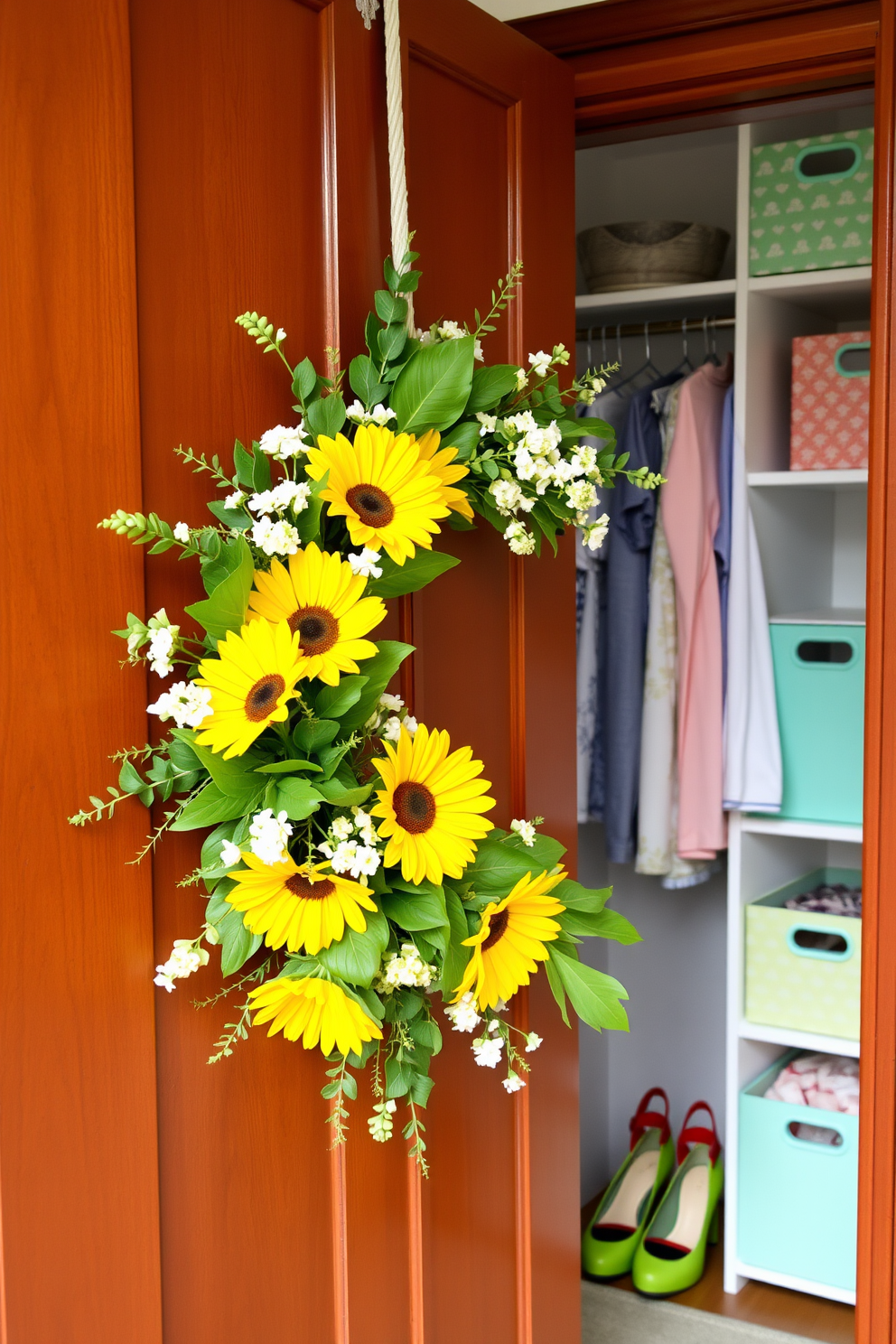 A vibrant summer-themed wreath made of colorful flowers and greenery is hung on a wooden front door. The wreath features bright yellow sunflowers, lush green leaves, and delicate white blooms, creating a cheerful welcome for guests. Inside, the closet is decorated with light and airy colors to reflect the summer vibe. Soft pastel hangers display summer clothing, and decorative bins in coordinating colors neatly organize accessories and shoes.