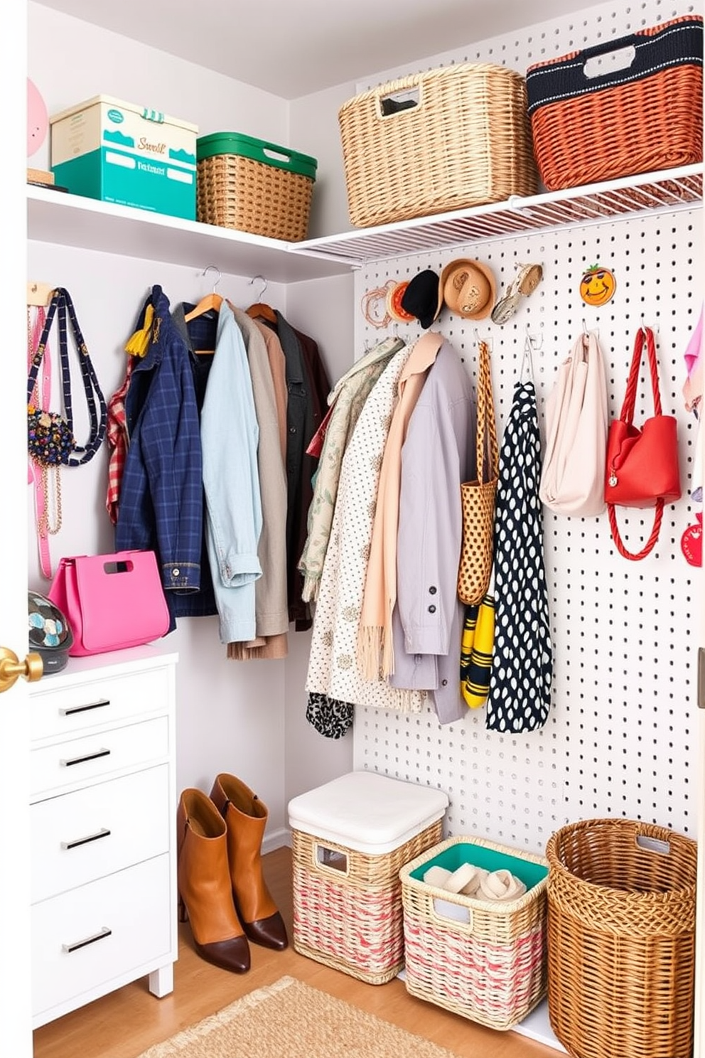 A stylish summer closet featuring a pegboard installed on one wall for versatile storage solutions. The pegboard is adorned with colorful hooks and baskets, showcasing accessories and seasonal clothing in an organized yet visually appealing way.