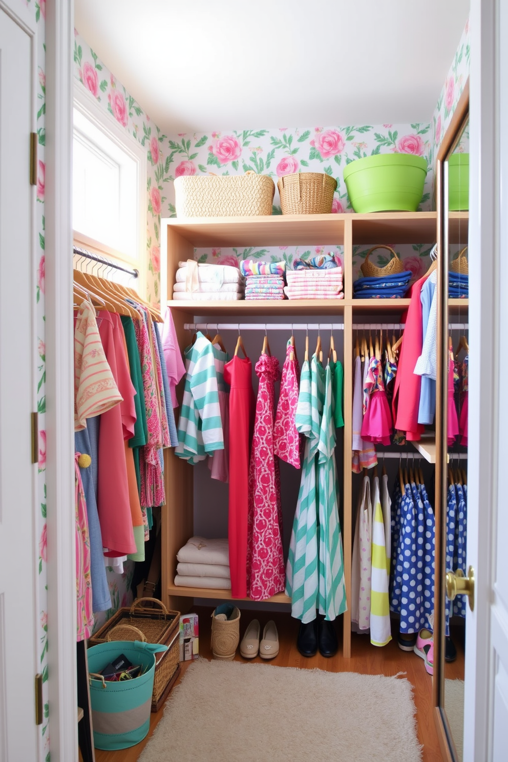 A vibrant summer closet filled with colorful clothing and accessories. The walls are adorned with a playful floral wallpaper that adds a cheerful touch to the space. A stylish wooden shelving unit displays neatly folded summer dresses and beachwear. A large mirror hangs on one side, reflecting the bright natural light streaming in through a nearby window.