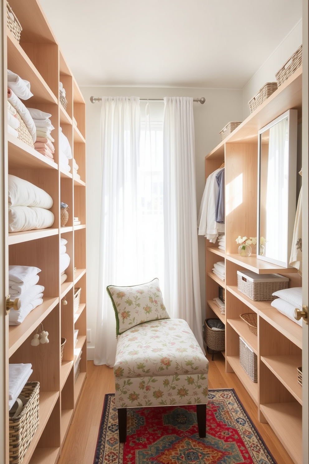 A bright and airy summer closet featuring open shelving made of light wood, showcasing neatly folded pastel-colored linens and summer accessories. A large full-length mirror is mounted on the back wall, reflecting the natural light streaming in from a nearby window adorned with sheer white curtains. The closet includes a stylish seating area with a small upholstered bench in a floral fabric, perfect for putting on shoes. Decorative baskets are placed on the shelves to store smaller items, while a vibrant rug adds a pop of color to the floor.