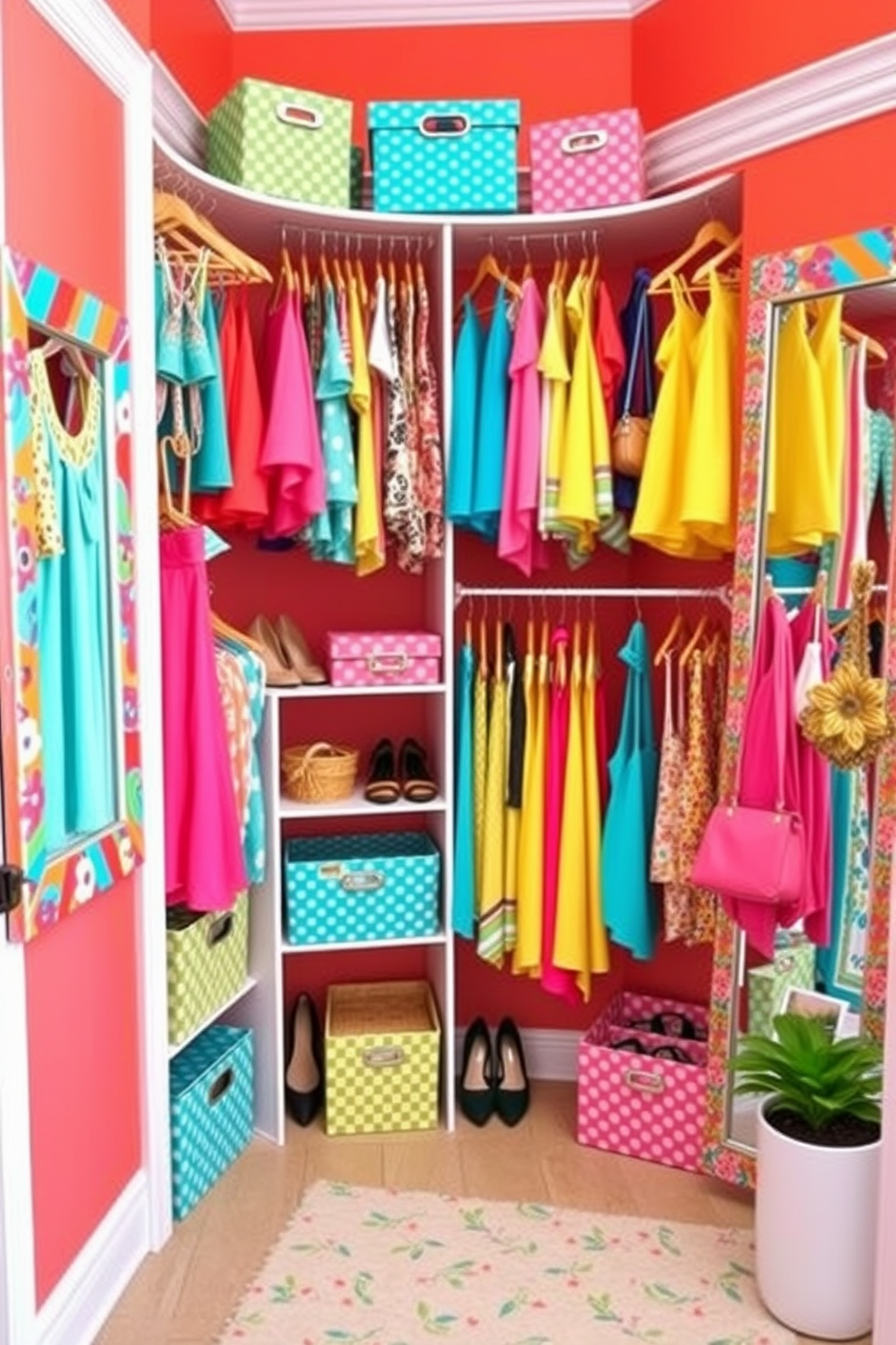 Create a lively summer closet filled with colorful clothing and accessories. The walls are painted in a bright coral hue, and the shelves are adorned with vibrant summer dresses, shorts, and swimwear in shades of turquoise, yellow, and pink. Incorporate decorative storage boxes in playful patterns to organize shoes and bags. A large mirror with a colorful frame reflects the cheerful atmosphere, while a small potted plant adds a touch of greenery to the space.