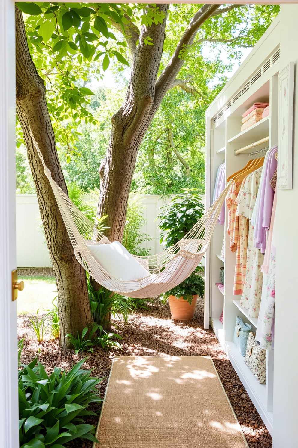 A serene outdoor space featuring a cozy hammock suspended between two sturdy trees. Surround the hammock with lush greenery and soft pillows for ultimate relaxation. A bright and airy closet space designed for summer with light, breathable fabrics. Incorporate pastel colors and floral patterns to create a cheerful and inviting atmosphere.