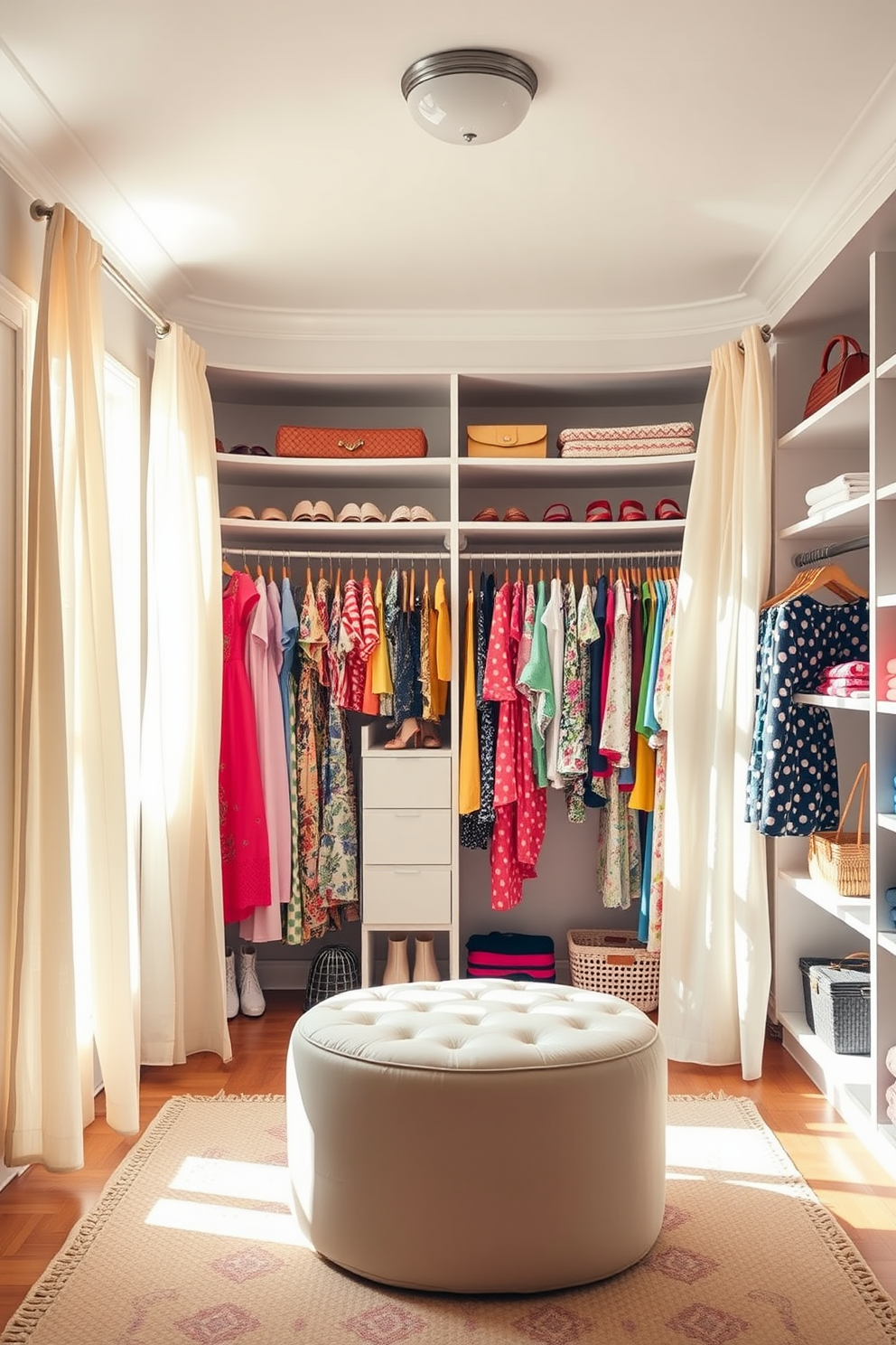 A bright and airy summer closet filled with natural light. Sheer curtains drape elegantly by the windows, allowing soft sunlight to filter through. The closet features open shelving displaying colorful summer outfits and accessories. A stylish ottoman sits in the center, providing a comfortable spot to sit while choosing the perfect ensemble.