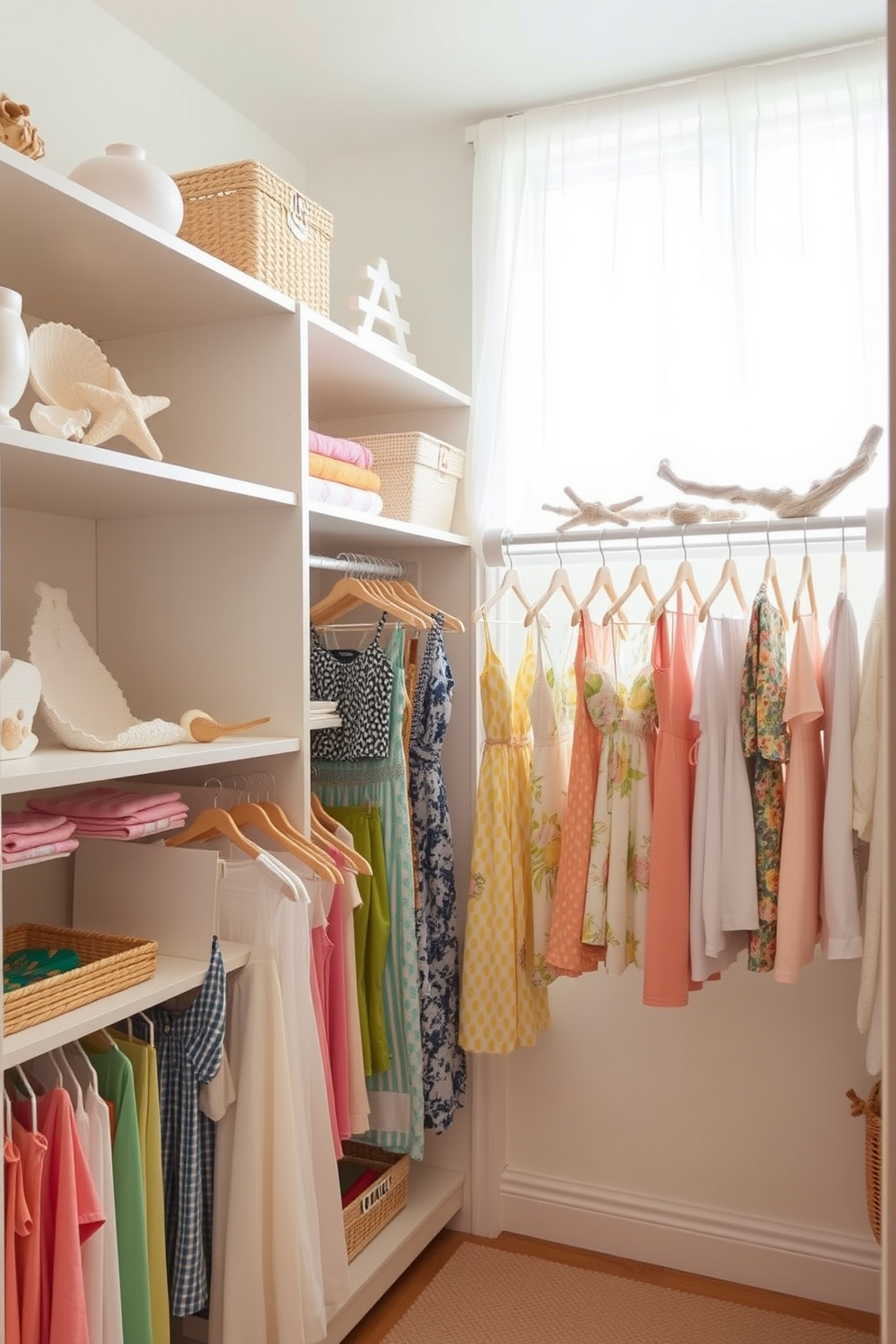 A bright and airy closet space that embraces a beachy theme. Soft pastel colors adorn the walls, while natural light floods in through a large window adorned with sheer white curtains. The shelves are filled with neatly organized summer attire, including light dresses and colorful swimwear. Decorative elements like seashells and driftwood accents are artfully arranged on the shelves, enhancing the coastal vibe.