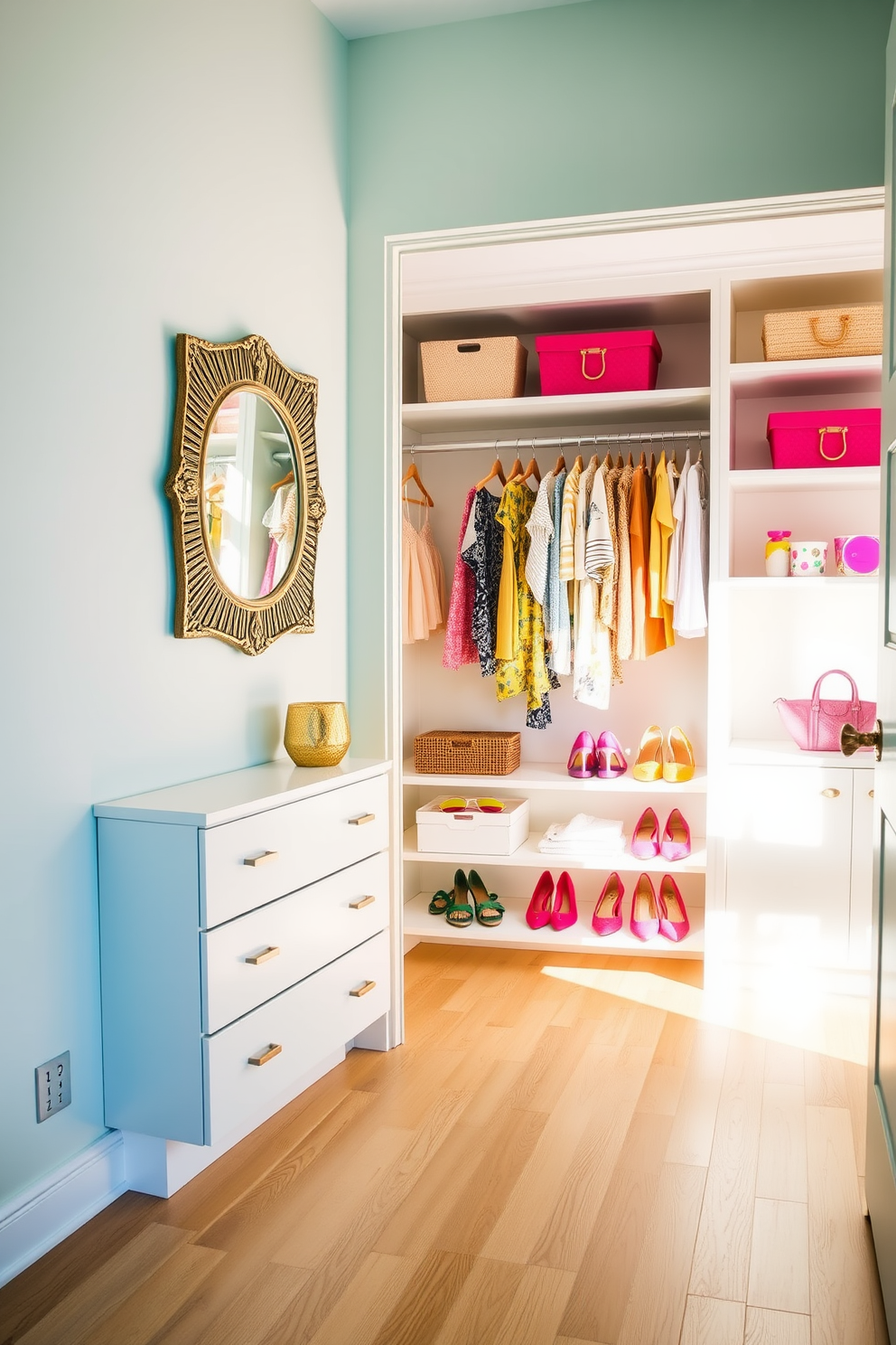 A bright and airy summer closet filled with light. The walls are painted in a soft pastel hue, and the flooring is a light wood that adds warmth to the space. A statement mirror with a decorative frame hangs on one wall, reflecting the natural light and creating a sense of depth. Stylish organizers and vibrant accessories are neatly arranged on open shelves, showcasing summer outfits and colorful shoes.