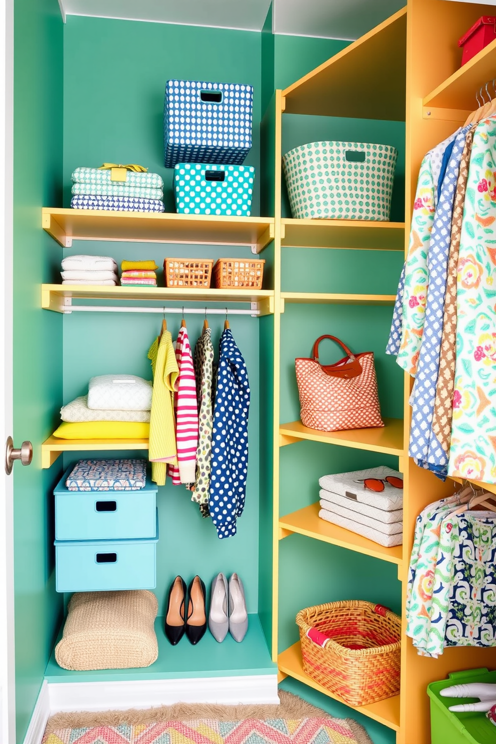 Create a vibrant summer closet space featuring adjustable shelving that allows for versatile storage options. Incorporate bright colors and playful patterns to enhance the seasonal theme while ensuring easy access to clothing and accessories.