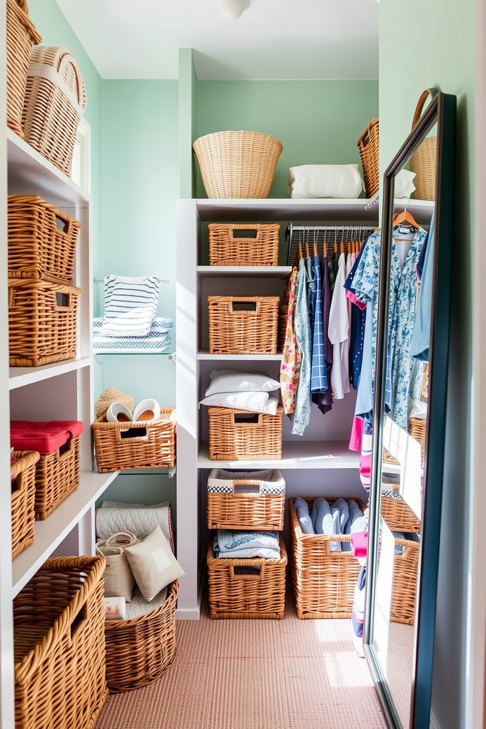 A bright and airy summer closet filled with vibrant colors and textures. Wicker baskets are used for storage, adding warmth and a natural touch to the space. The walls are painted in a soft pastel hue, creating a cheerful atmosphere. Open shelving displays neatly folded summer clothes, while a stylish full-length mirror reflects the inviting decor.