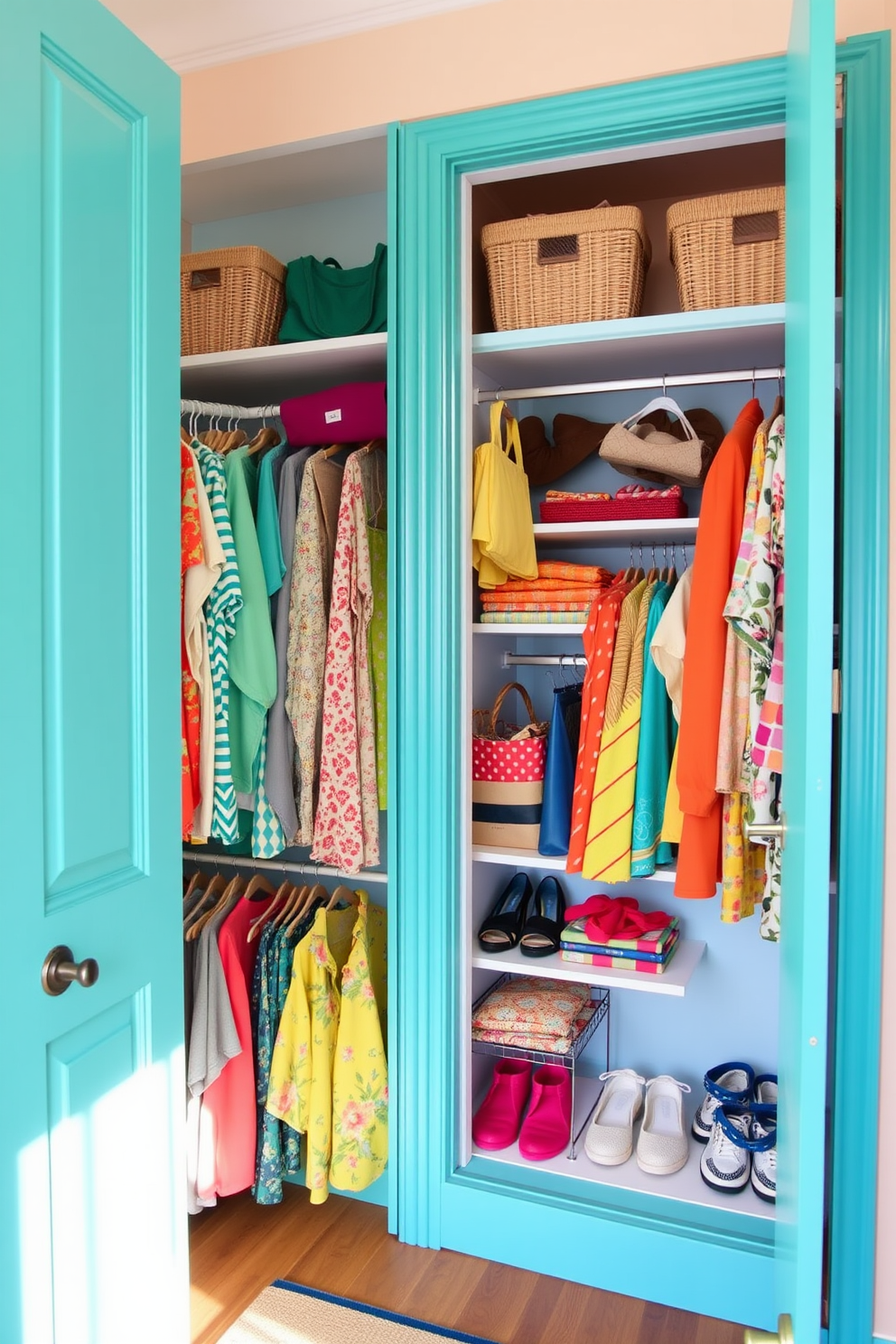 A vibrant closet space with doors painted in a cheerful turquoise hue. Inside, shelves are neatly organized with colorful summer clothing and accessories, creating a lively atmosphere.