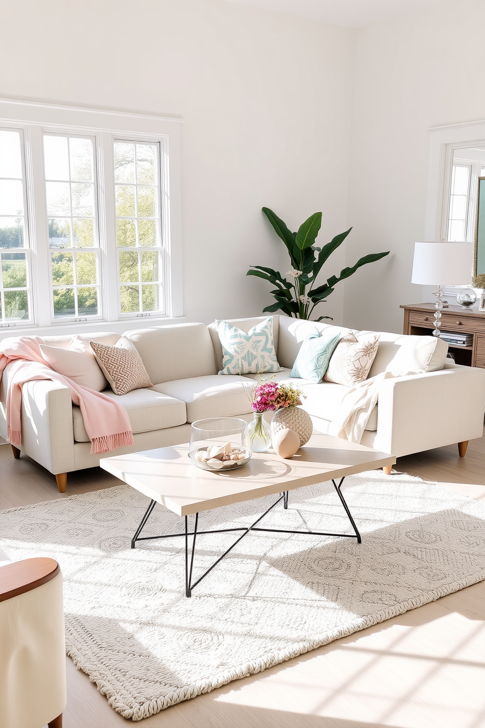 A bright and airy living room with light-colored walls and large windows allowing natural light to flood in. The space features a cozy sofa adorned with lightweight throws in pastel colors, complemented by a few decorative cushions for added comfort. A stylish coffee table is placed in front of the sofa, topped with a few summer-themed decor items like seashells and a vibrant centerpiece. The floor is covered with a soft area rug that adds warmth while maintaining a light and breezy feel to the room.