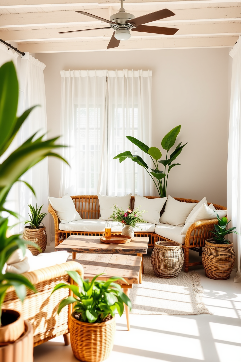 A bright and airy living room filled with natural light. The space features a comfortable rattan sofa adorned with soft linen cushions and a reclaimed wood coffee table at the center. Potted plants in woven baskets add a touch of greenery throughout the room. Light sheer curtains flutter gently in the breeze, enhancing the summery, relaxed atmosphere.