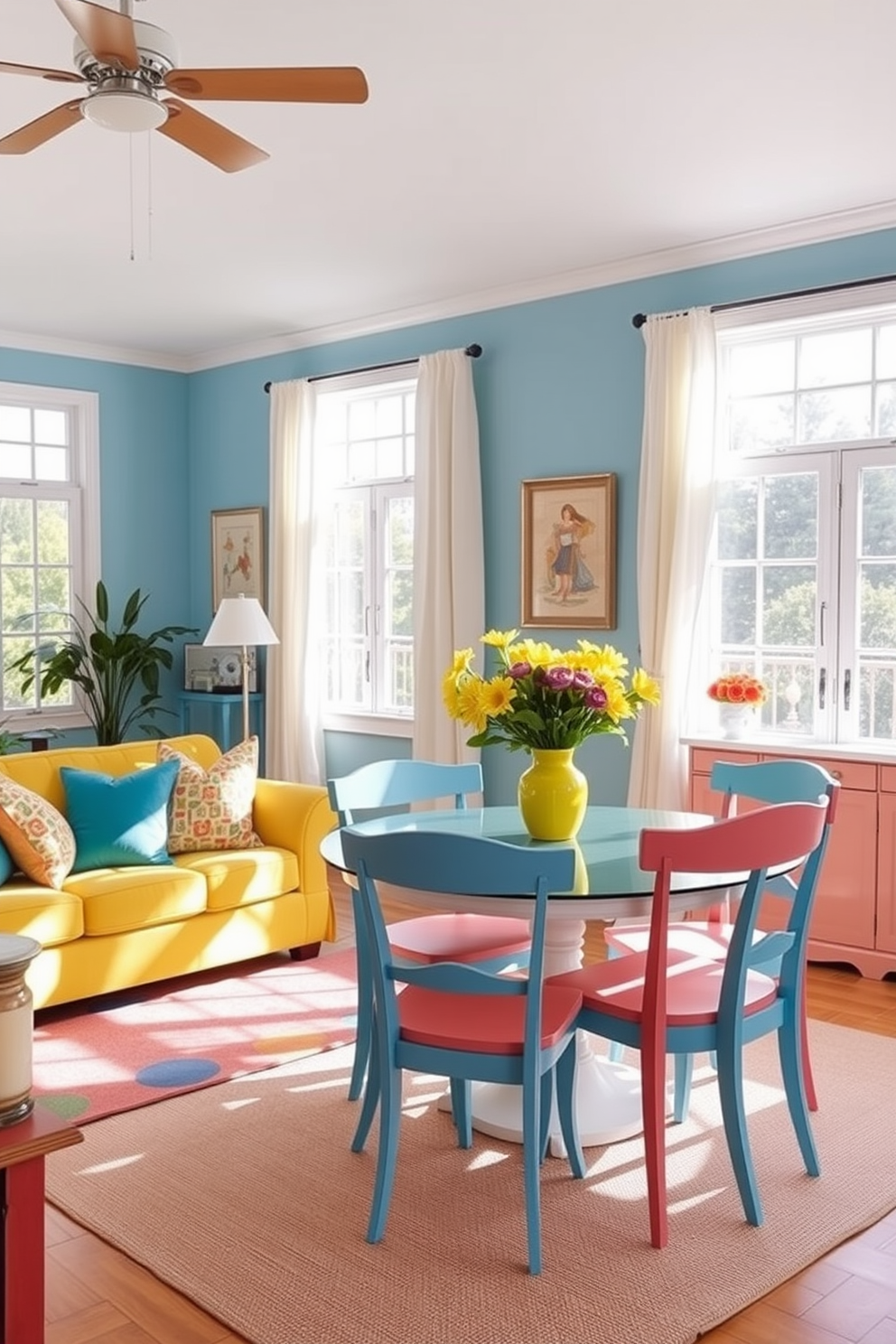 A vibrant living room filled with furniture painted in cheerful summer colors like bright yellow, sky blue, and soft coral. The space features a cozy sofa adorned with colorful throw pillows, a playful area rug, and large windows that invite natural light, enhancing the cheerful atmosphere. A sunlit dining area showcases a table with mismatched chairs, each in a different summer hue. Fresh flowers in a bright vase sit at the center of the table, complemented by light, airy curtains that flutter gently in the breeze.