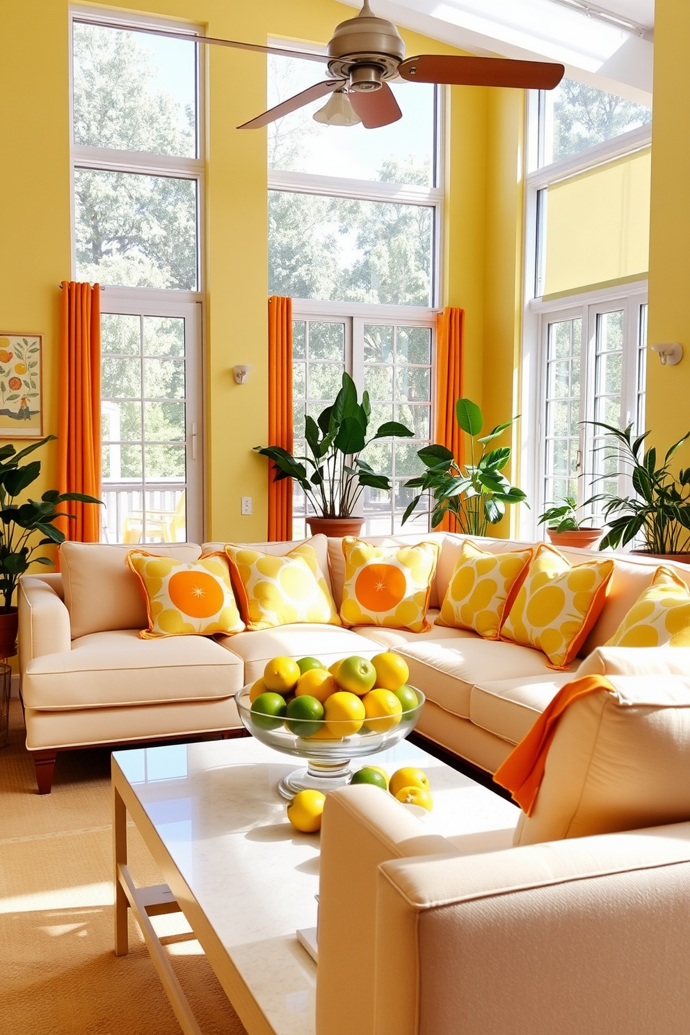 A bright and airy living room filled with citrus-themed decor. The walls are painted in a soft yellow hue, and vibrant orange and lemon accents are scattered throughout the space. A large, plush sofa in a light cream color is adorned with citrus-patterned throw pillows. A coffee table features a bowl of fresh lemons and limes, adding a refreshing touch to the room. Floor-to-ceiling windows allow natural light to flood in, enhancing the cheerful atmosphere. A few potted citrus plants are placed in the corners, bringing the essence of summer indoors.