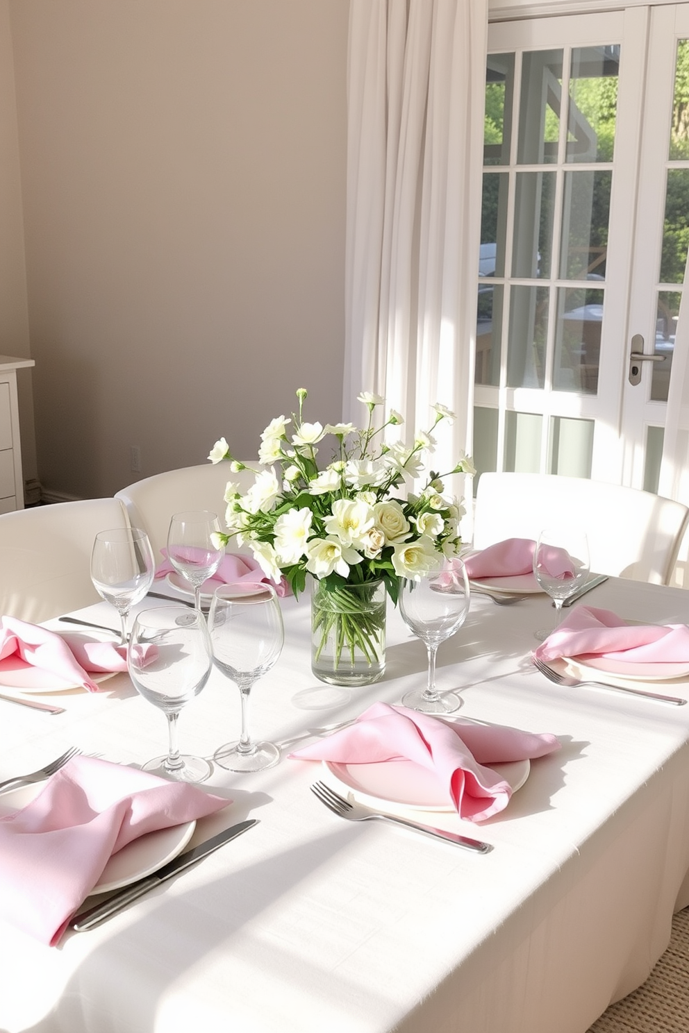 A bright and airy dining table is set with light linen tablecloths and napkins in soft pastel colors. Fresh flowers in a simple vase center the table, complemented by elegant dinnerware and sparkling glassware. The overall atmosphere is relaxed and inviting, perfect for summer gatherings. Sunlight filters through sheer curtains, enhancing the cheerful vibe of the space.