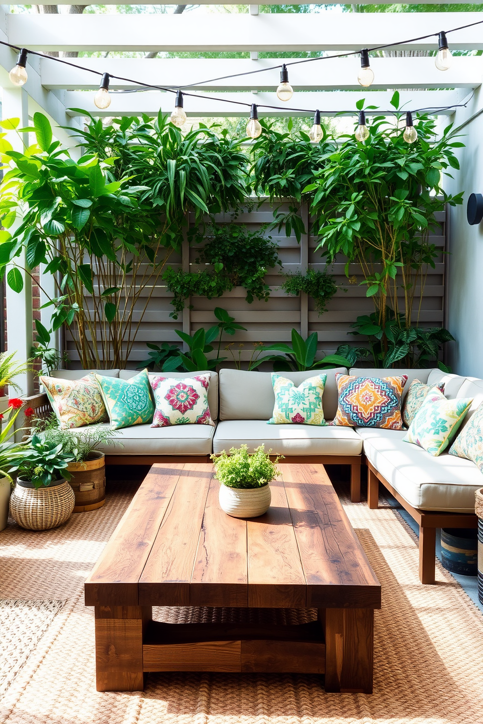 A serene outdoor-inspired living space filled with natural light. The area features a comfortable sectional sofa adorned with vibrant, patterned cushions, surrounded by lush greenery and potted plants. A rustic coffee table made from reclaimed wood sits at the center, complemented by woven outdoor rugs. String lights are draped overhead, creating a warm ambiance for summer evenings.