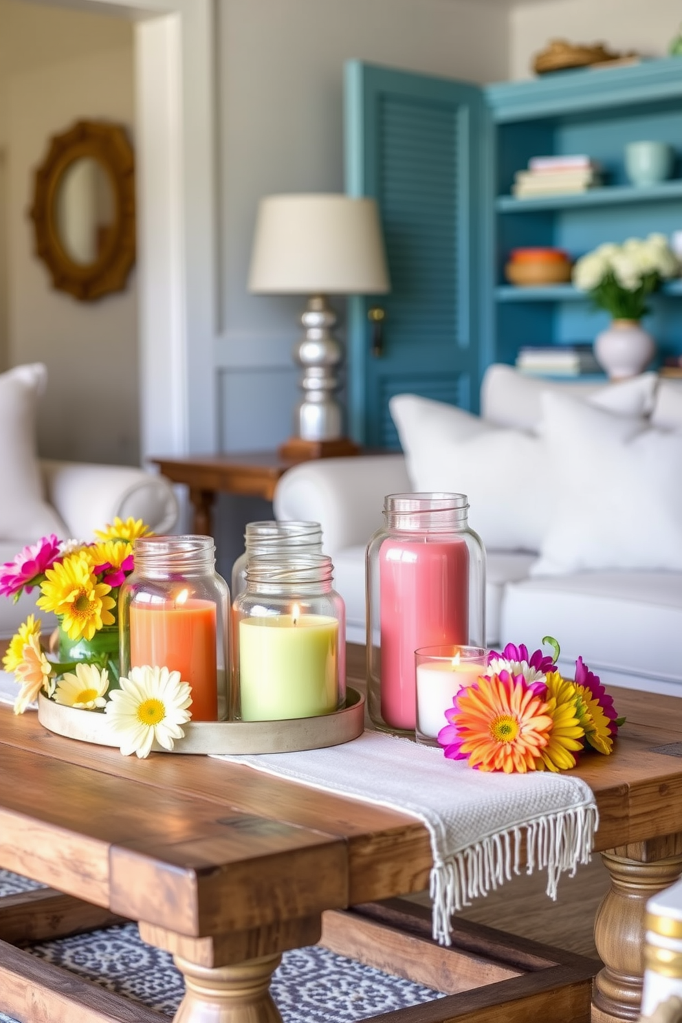 Create a bright and airy summer living room that features glass jars filled with colorful candles displayed on a rustic wooden coffee table. Surround the jars with fresh flowers in vibrant hues and incorporate light, breezy fabrics for cushions and throws to enhance the seasonal feel.