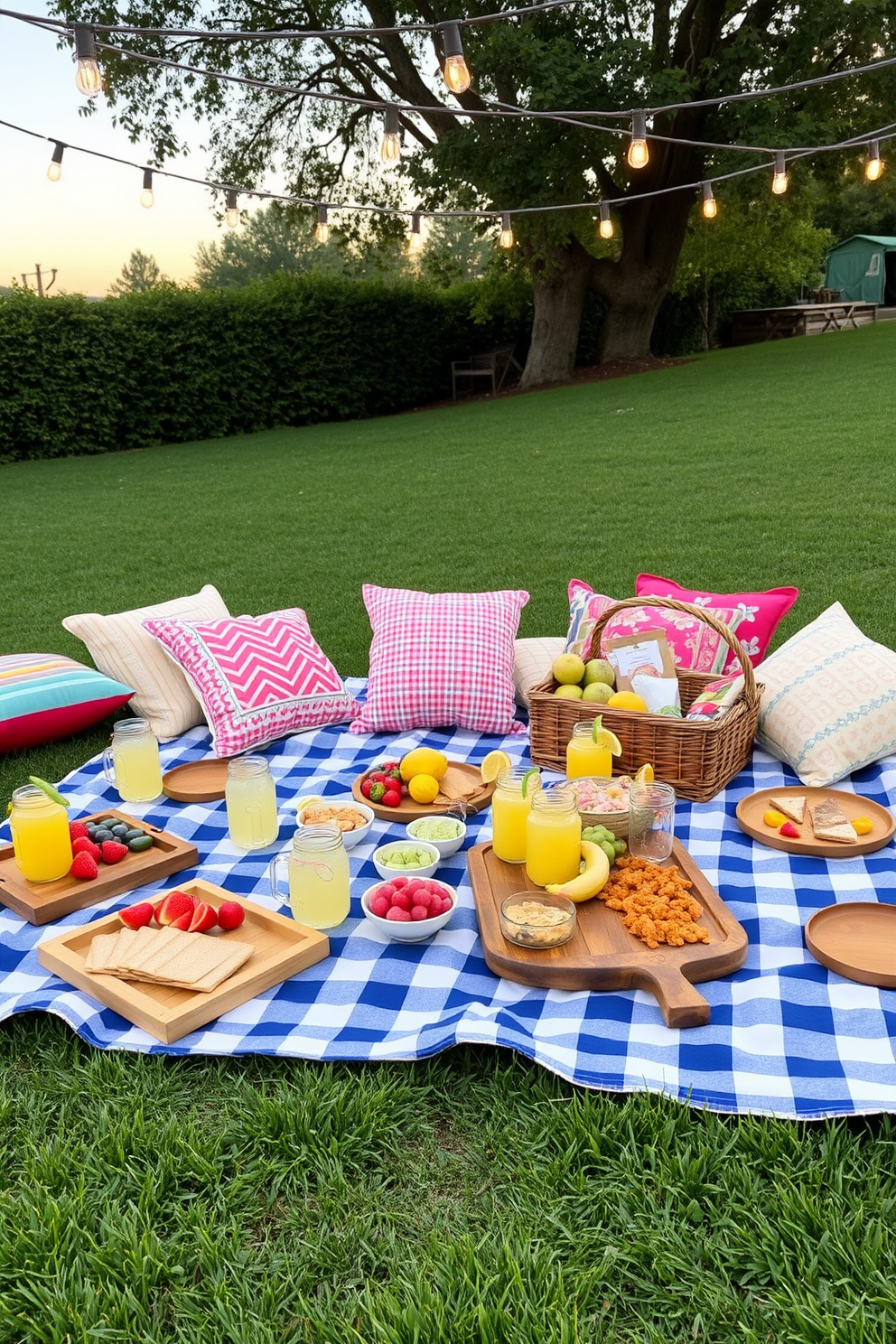 A charming picnic-style dining area is set up on a lush green lawn. A large checkered blanket is spread out, adorned with colorful cushions and a rustic wooden basket filled with fresh fruits and sandwiches. Around the blanket, an assortment of wooden trays and plates showcase vibrant dishes, complemented by mason jars filled with refreshing lemonade. String lights are hung above, casting a warm glow as the sun begins to set, enhancing the inviting summer atmosphere.