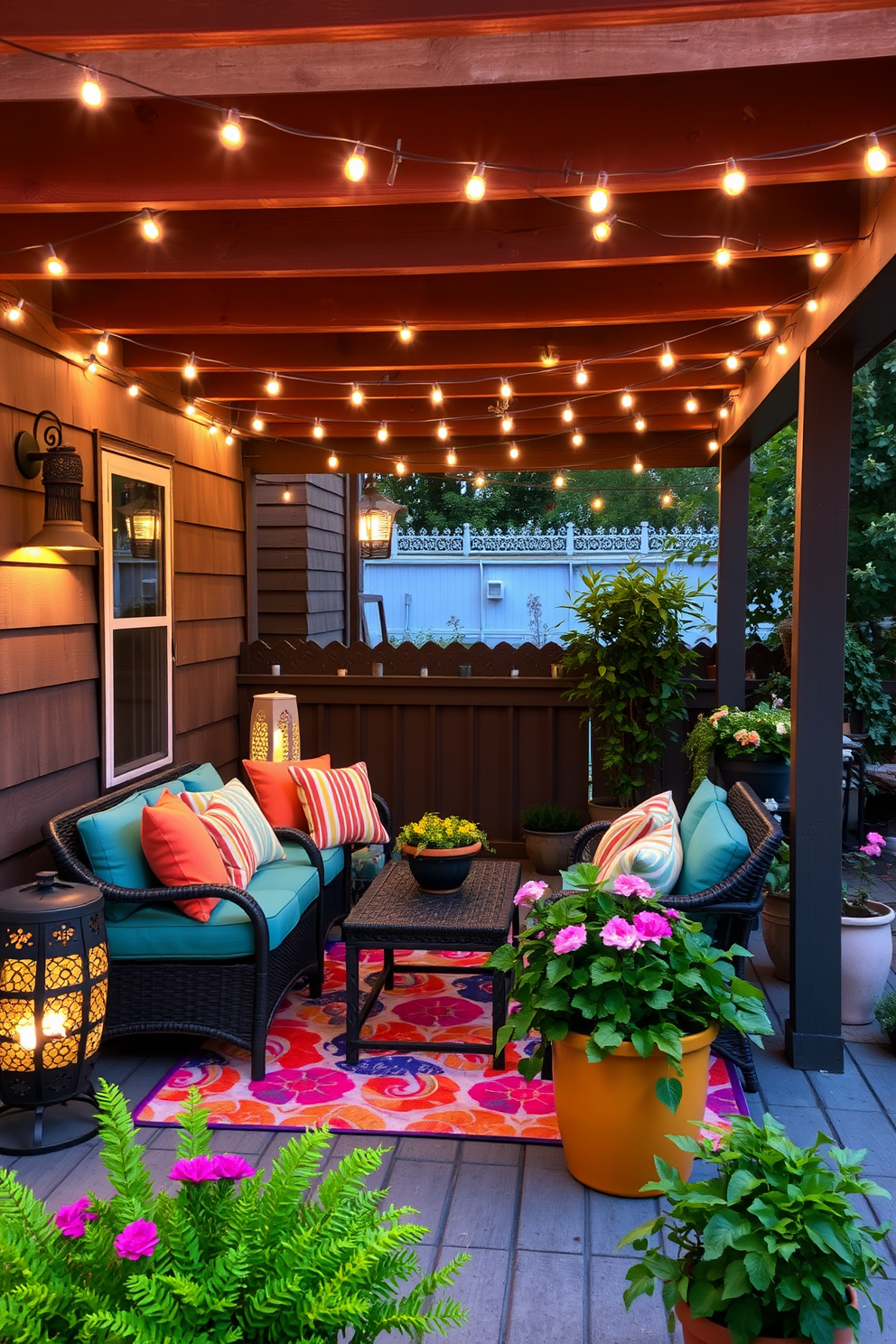 A cozy outdoor patio adorned with string lights creates a warm and inviting atmosphere. The lights are draped elegantly across the space, casting a soft glow over the seating area. Brightly colored throw pillows and a vibrant outdoor rug add a touch of summer flair. Potted plants with lush greenery surround the seating, enhancing the cheerful ambiance.