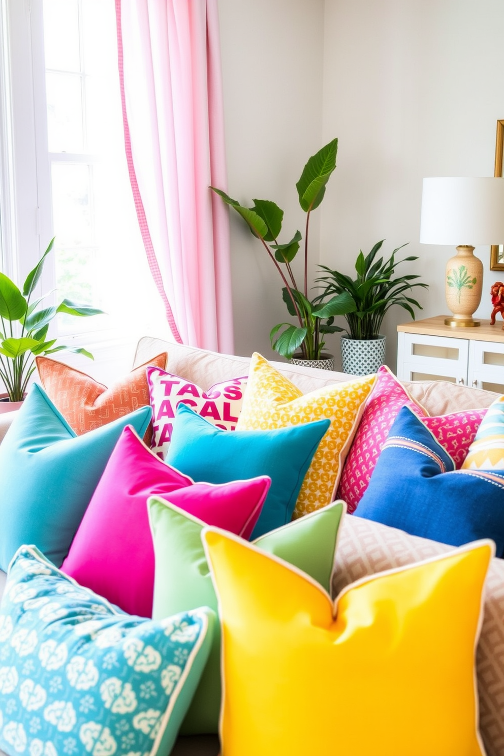 Create a vibrant living room filled with colorful throw pillows that add a playful touch to the space. The pillows should feature a mix of patterns and textures, arranged artfully on a neutral-toned sofa to enhance the summer vibe. Incorporate light, airy fabrics such as linen or cotton for the curtains, allowing natural light to filter in. Add a few potted plants around the room to bring in a fresh and lively atmosphere, complementing the summer decorating theme.