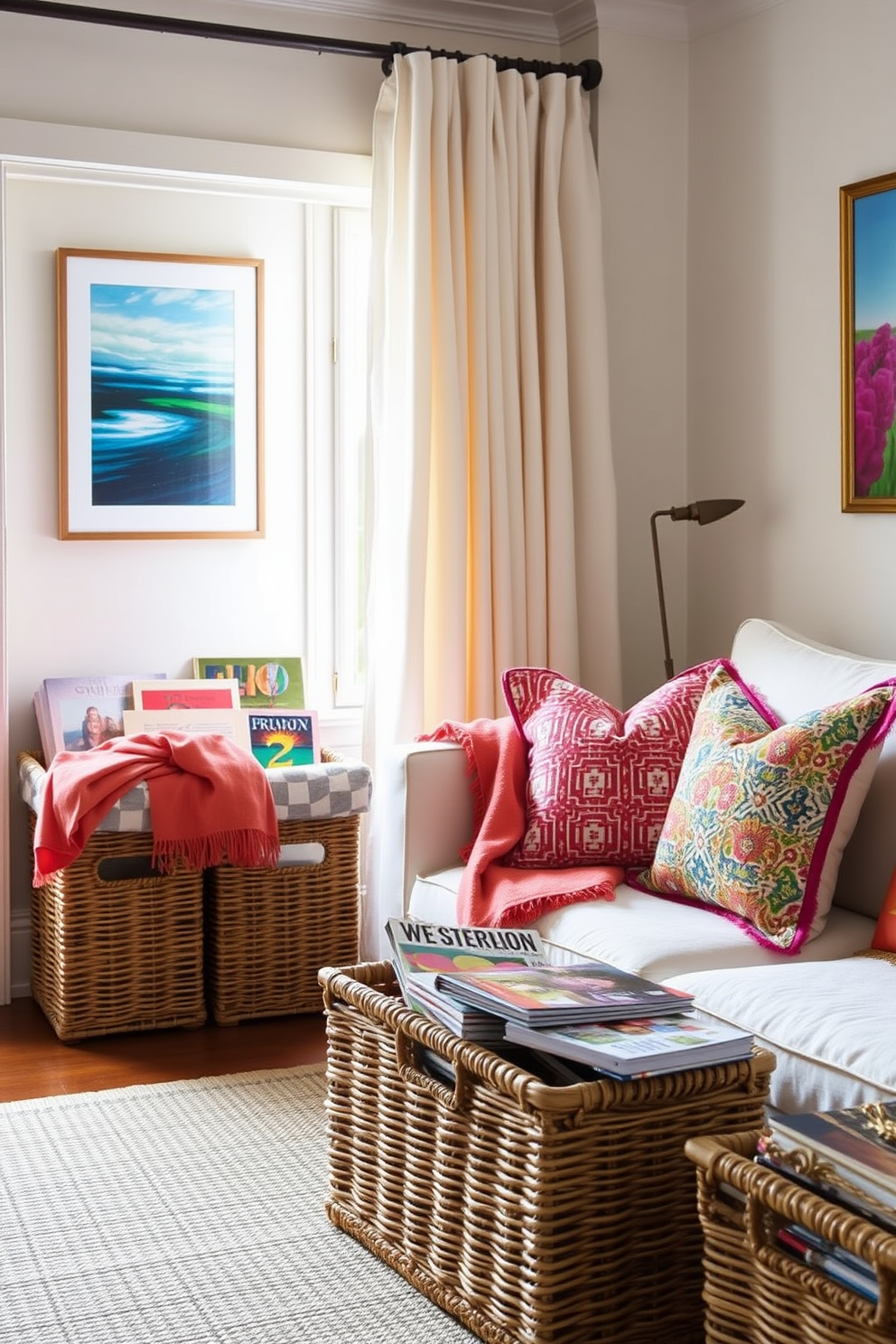 Create a bright and airy living room that embodies summer vibes. Incorporate wicker baskets for stylish storage, filled with colorful throws and magazines, placed in the corner beside a light-colored sofa. Adorn the walls with vibrant artwork that reflects the season's colors. Use light, breezy fabrics for curtains and cushions to enhance the cheerful atmosphere of the space.