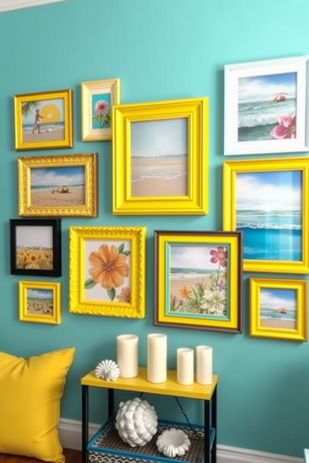 A vibrant summer-themed gallery wall filled with framed artwork depicting sunny beach scenes and colorful floral patterns. The arrangement features a mix of sizes and styles, creating an inviting focal point in the living room. Bright yellow and turquoise accents are incorporated through decorative frames and mats, enhancing the cheerful atmosphere. A small shelf below displays summer-inspired decor items like seashells and candles, completing the seasonal look.