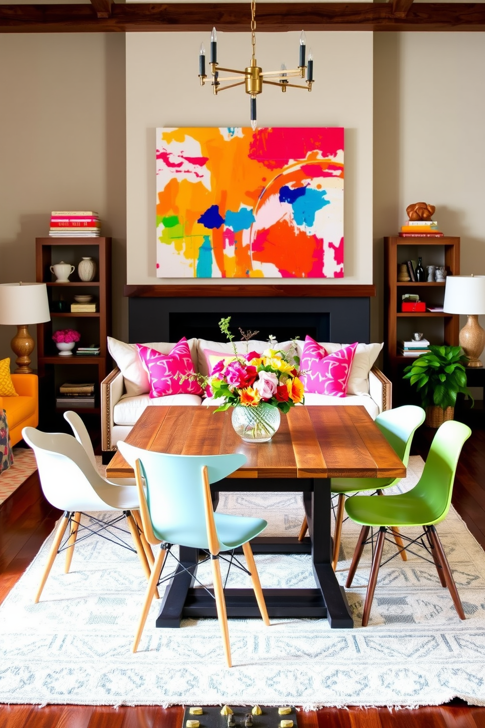 Create a vibrant living room that showcases a large, colorful abstract painting as the focal point above a modern fireplace. Incorporate bright throw pillows and a stylish area rug to enhance the summer vibe and bring warmth to the space. Design a cheerful dining area with a rustic wooden table surrounded by mismatched chairs in pastel colors. Adorn the table with a fresh bouquet of seasonal flowers and light, airy table linens to create an inviting atmosphere for summer gatherings.