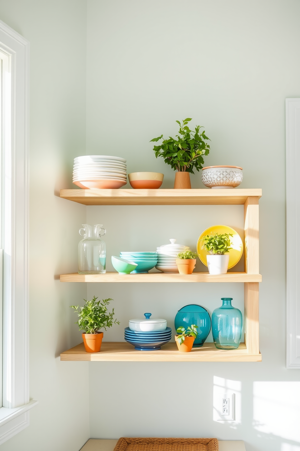 A bright and airy kitchen featuring open shelving that showcases a curated collection of colorful dishes and glassware. Fresh herbs in small pots are placed on the shelves, adding a touch of greenery and a summer vibe. The walls are painted in a soft pastel hue, complementing the natural wood tones of the shelves. Sunlight streams through a nearby window, illuminating the space and enhancing the cheerful summer decor.