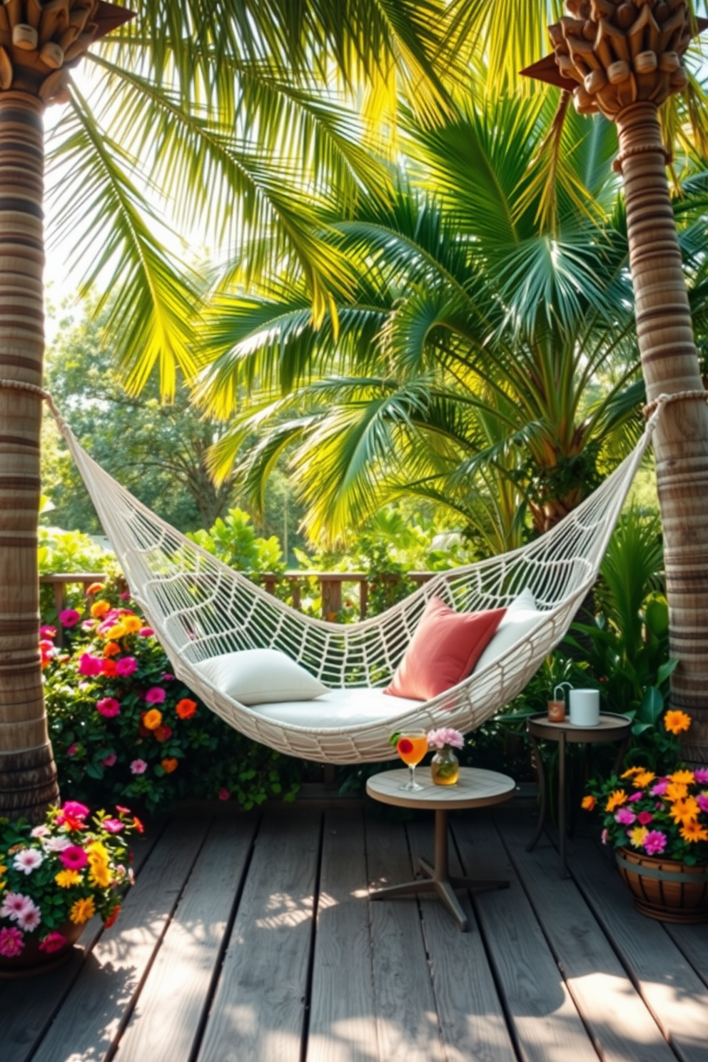 A serene outdoor space designed for relaxation features a cozy hammock strung between two palm trees. Surrounding the hammock, vibrant summer flowers bloom in an array of colors, while soft cushions add comfort for lounging. A rustic wooden deck serves as the foundation, complemented by a small side table holding refreshing beverages. Warm sunlight filters through the leaves, creating a tranquil atmosphere perfect for summer enjoyment.