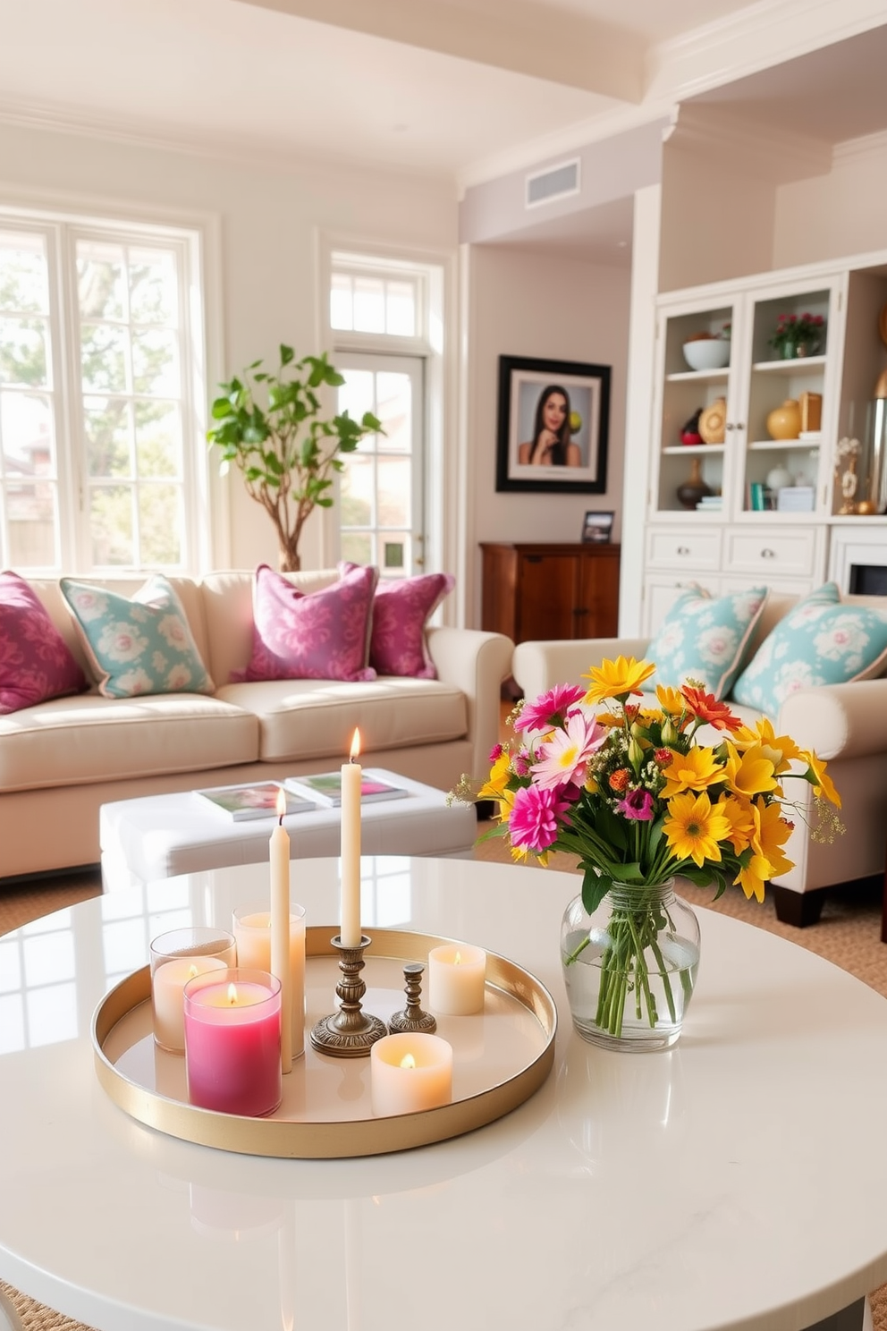 A bright and airy living room filled with natural light. The space features a large, comfortable sofa adorned with vibrant throw pillows and a stylish coffee table at its center. On the coffee table, an arrangement of scented candles in various heights adds a warm ambiance. Fresh flowers in a vase sit next to the candles, complementing the summer theme with their lively colors.