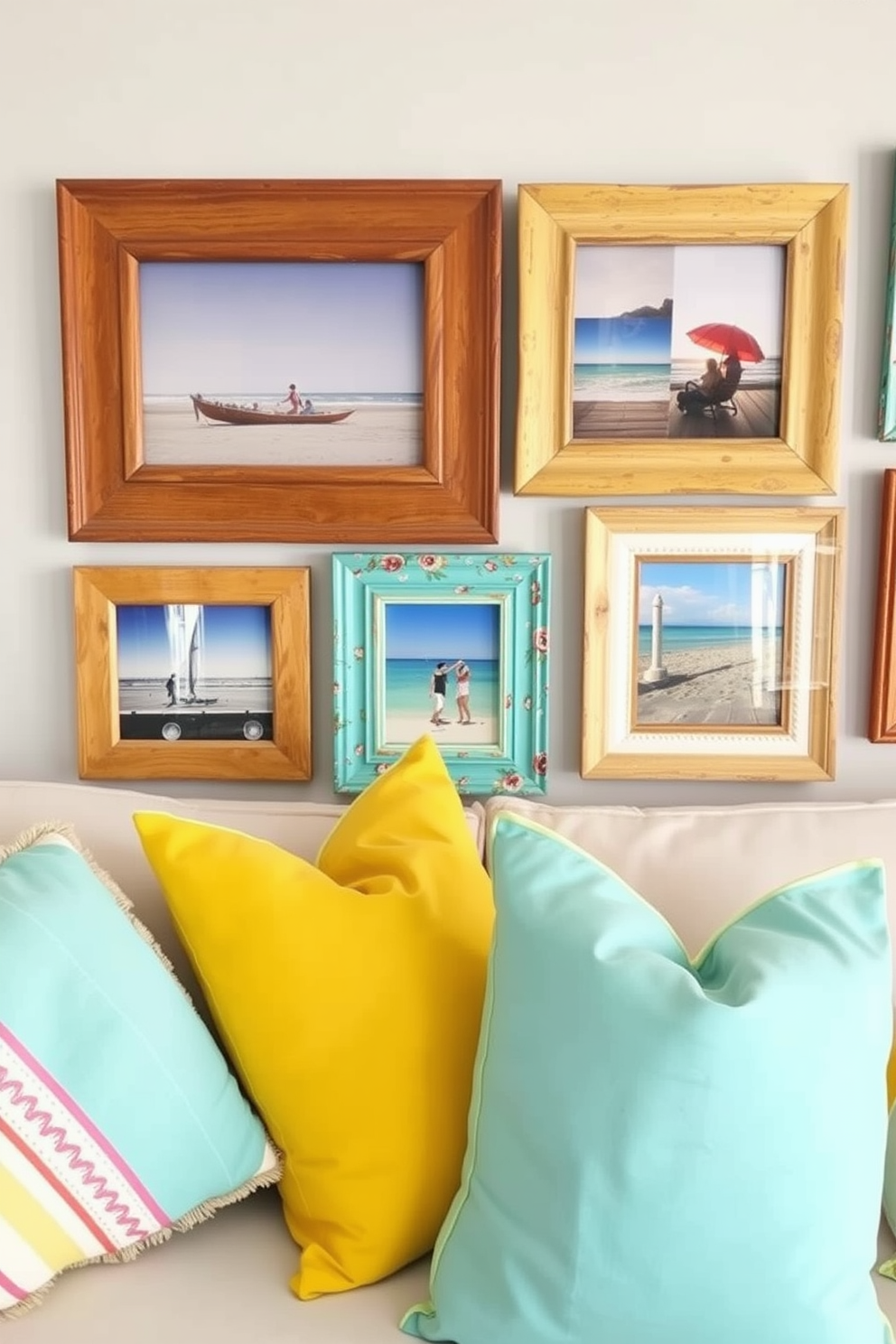 Display vacation memories in creative frames. Use a mix of colorful and rustic frames to showcase photos from different destinations. Incorporate bright summer colors into your decor. Add throw pillows and light fabrics that evoke a breezy, beachy feel.