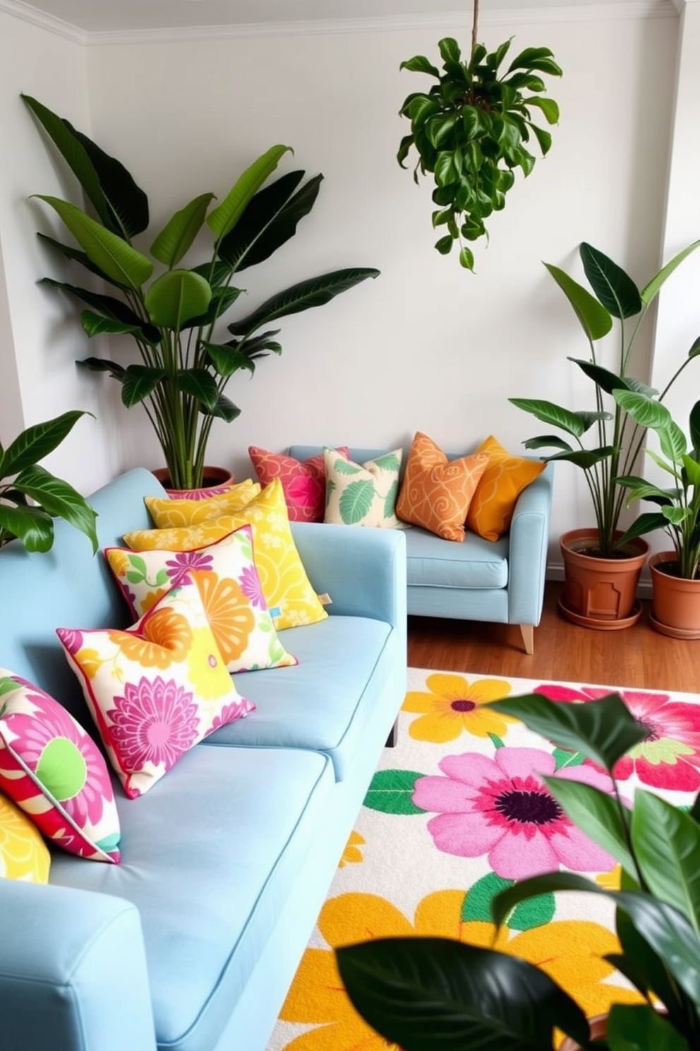 A vibrant living room filled with tropical colors. Brightly patterned throw pillows adorn a light blue sofa, while a large area rug features bold floral designs in shades of pink and yellow. The walls are painted a soft white to enhance the lively decor. Potted plants with lush green leaves are strategically placed around the room, adding a refreshing touch of nature.