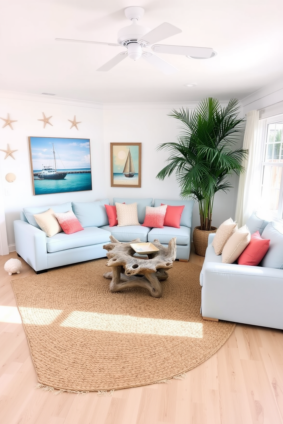 A bright and airy living room featuring soft white walls and light wood flooring. The space is adorned with beach-themed decor elements such as a large woven jute rug and decorative seashell accents scattered throughout. A comfortable sectional sofa in pastel blue is complemented by throw pillows in shades of coral and sandy beige. A driftwood coffee table sits at the center, surrounded by nautical-themed artwork and a large potted palm for a fresh coastal vibe.