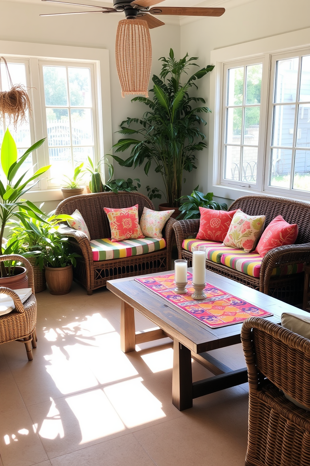 A cozy indoor space featuring outdoor furniture that creates a relaxed atmosphere. A large rattan sofa adorned with vibrant cushions sits in the center, surrounded by potted plants and natural light streaming through large windows. A wooden coffee table with a weathered finish anchors the seating area, topped with a colorful table runner and a few decorative candles. The walls are painted in a soft, airy color, enhancing the casual summer vibe throughout the room.