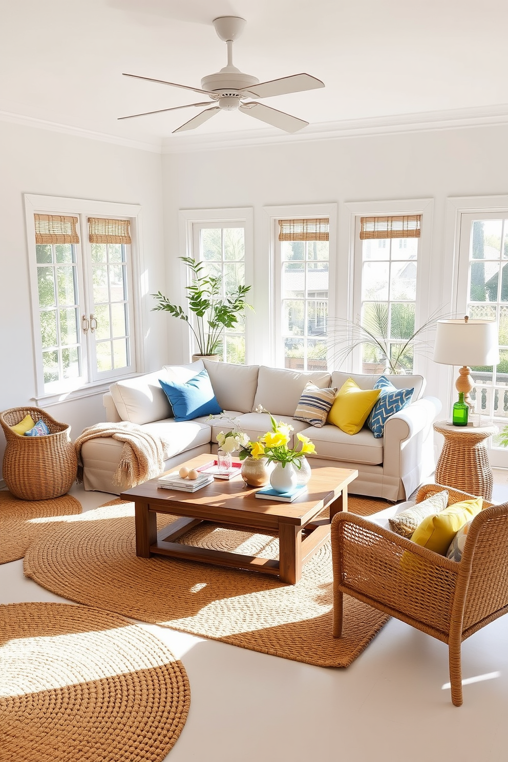 A bright and airy living room adorned with woven textures such as jute rugs that add warmth and comfort to the space. The walls are painted in a soft white hue, and large windows allow natural light to flood the room, highlighting the vibrant summer decor. In the center, a plush sectional sofa is complemented by colorful throw pillows in shades of blue and yellow. A wooden coffee table sits atop the jute rug, surrounded by fresh flowers and summer-themed decorative accents.