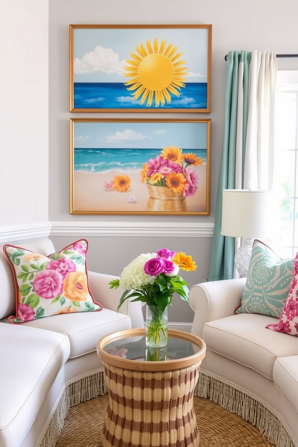 Display vibrant summer artwork on walls. Brightly colored paintings of beach scenes and floral arrangements create an inviting atmosphere. Incorporate light and airy fabrics for curtains and throw pillows. Use pastel shades and natural textures to enhance the summer vibe.