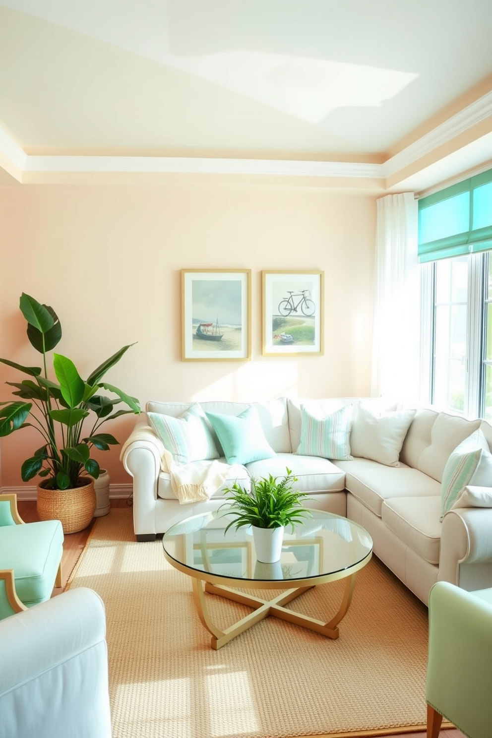 A bright and airy living room filled with light pastel colors that create a soft and inviting atmosphere. The walls are painted in a pale peach hue while the furniture features soft blue and mint green accents. A comfortable sectional sofa is adorned with pastel throw pillows and a lightweight cream-colored blanket. A round coffee table with a glass top sits at the center, surrounded by a few lush potted plants for a fresh touch.