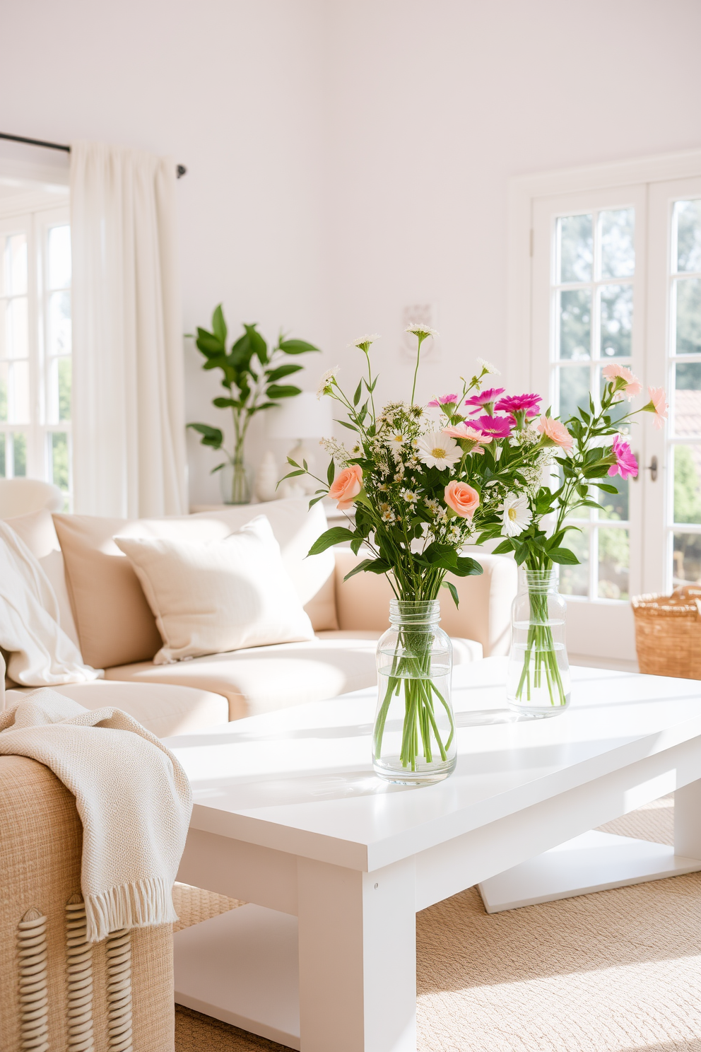 A bright and airy living room filled with natural light. Fresh flowers are arranged in simple glass vases placed on a white coffee table surrounded by a plush beige sofa. The walls are painted a soft pastel color, enhancing the summer vibe. A light linen throw is draped over the arm of the sofa, and a woven basket sits nearby, adding texture to the space.