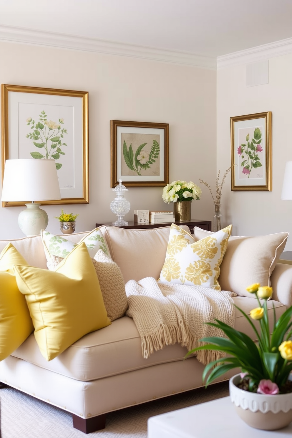 Create a bright and airy living room that embraces the essence of summer. Incorporate botanical prints in elegant frames on the walls to bring a natural touch to the decor. Use a light color palette with soft yellows and greens to evoke a fresh atmosphere. Add vibrant throw pillows and a lightweight, textured throw blanket on a comfortable sofa to enhance the seasonal feel.