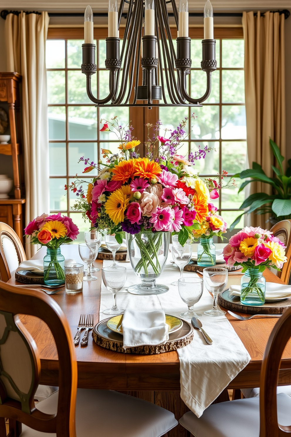 Bright floral centerpieces add a vibrant touch to your dining room. Consider using an assortment of colorful blooms in a large glass vase to create a lively focal point on the table. Incorporate light, airy fabrics for table linens to complement the floral arrangements. Pair these with rustic wooden elements to enhance the summer theme and create a warm, inviting atmosphere.