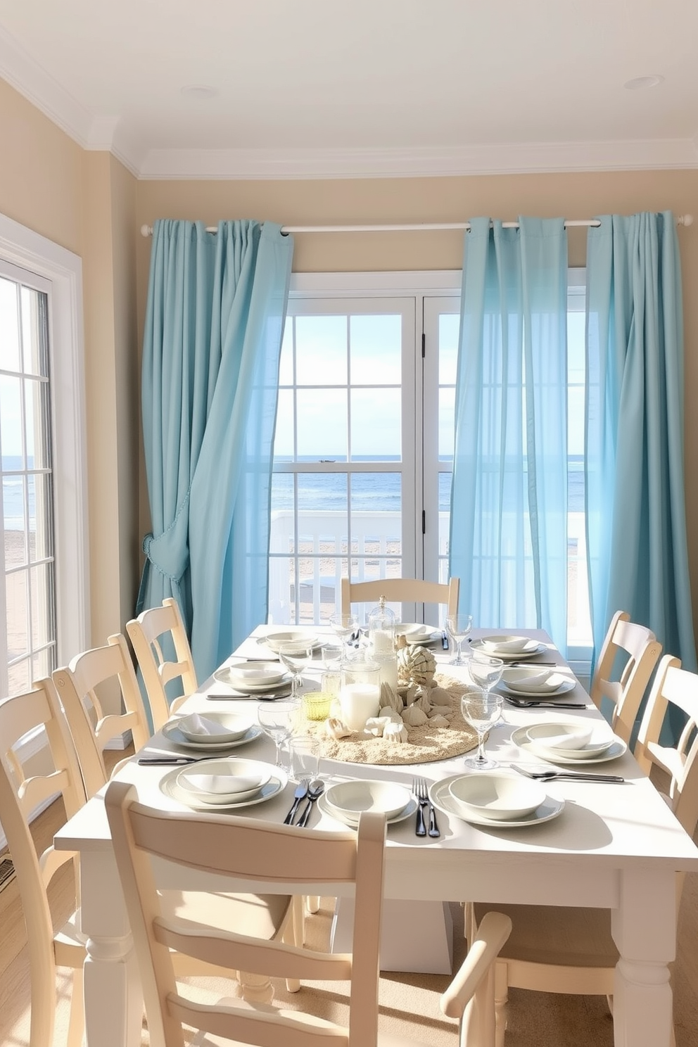 A bright and airy summer dining room with a beachy theme. The table is set with seashell-themed dinnerware and a centerpiece made of sand and decorative shells. Light blue curtains flutter in the ocean breeze, framing large windows that let in natural light. The walls are painted in a soft sandy beige, complementing the light wooden dining chairs around the table.