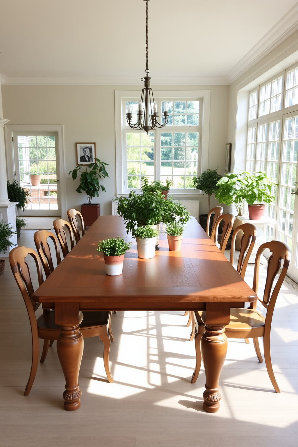 A bright and airy dining room features a large wooden table surrounded by elegant chairs. Fresh herbs in pots serve as centerpieces, adding a touch of greenery and a delightful aroma to the space. The walls are painted in a soft pastel hue, complementing the natural wood elements. Large windows allow ample sunlight to flood in, creating a warm and inviting atmosphere perfect for summer gatherings.