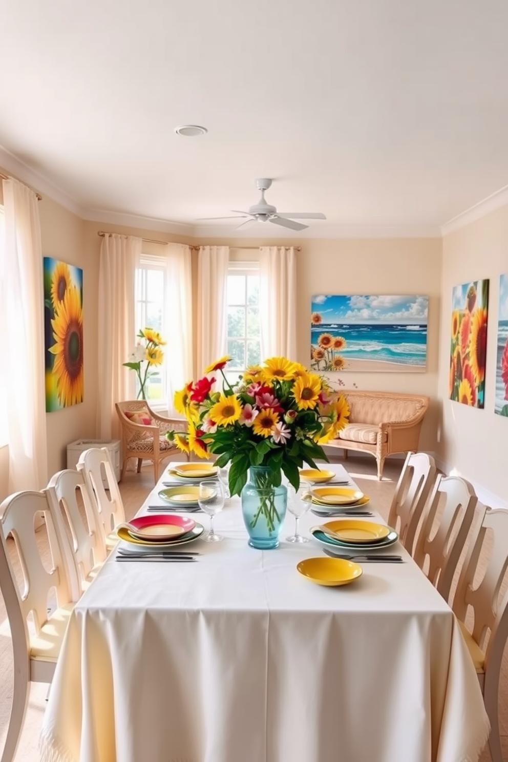 A bright and airy dining room filled with summer-themed artwork that features vibrant colors and floral designs. The walls are adorned with large canvas prints of sunflowers and beach scenes, creating a cheerful and inviting atmosphere. The dining table is set with a light linen tablecloth and colorful dinnerware, complemented by fresh flowers in a vase as a centerpiece. Natural light floods the room through large windows, enhancing the summer vibe with sheer curtains that flutter gently in the breeze.