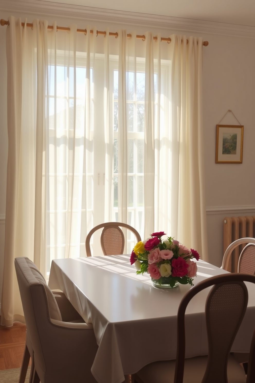 A bright and airy summer dining room features light sheer curtains that flutter gently in the breeze, allowing natural sunlight to fill the space. The dining table is set with a colorful floral centerpiece, surrounded by comfortable chairs that invite long meals with family and friends.