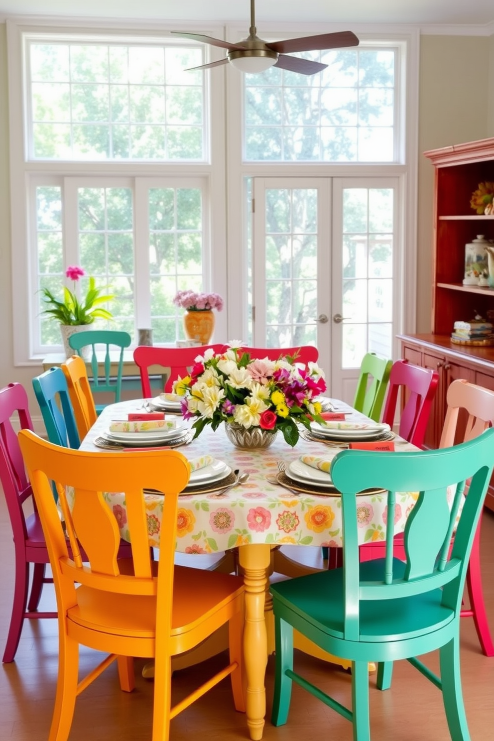 A vibrant summer dining room features a mix of colorful chairs, each with a unique design and texture. The table is set with a cheerful tablecloth and an arrangement of fresh flowers in the center, creating a lively atmosphere for gatherings. Natural light streams through large windows, illuminating the space and enhancing the playful decor. The walls are painted in a soft pastel hue, complementing the eclectic style of the furniture and accessories.