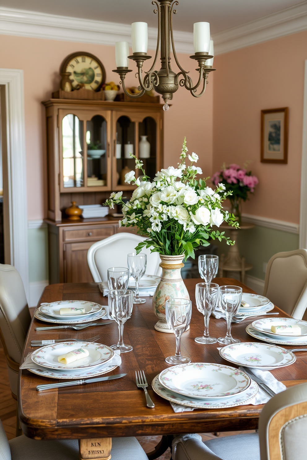 A charming summer dining room featuring vintage tableware that evokes a sense of nostalgia. The table is set with delicate floral-patterned plates, mismatched antique cutlery, and crystal glasses that catch the light beautifully. Soft pastel colors adorn the walls, complemented by a rustic wooden dining table surrounded by upholstered chairs. Fresh flowers in a vintage vase serve as a centerpiece, enhancing the warm and inviting atmosphere.