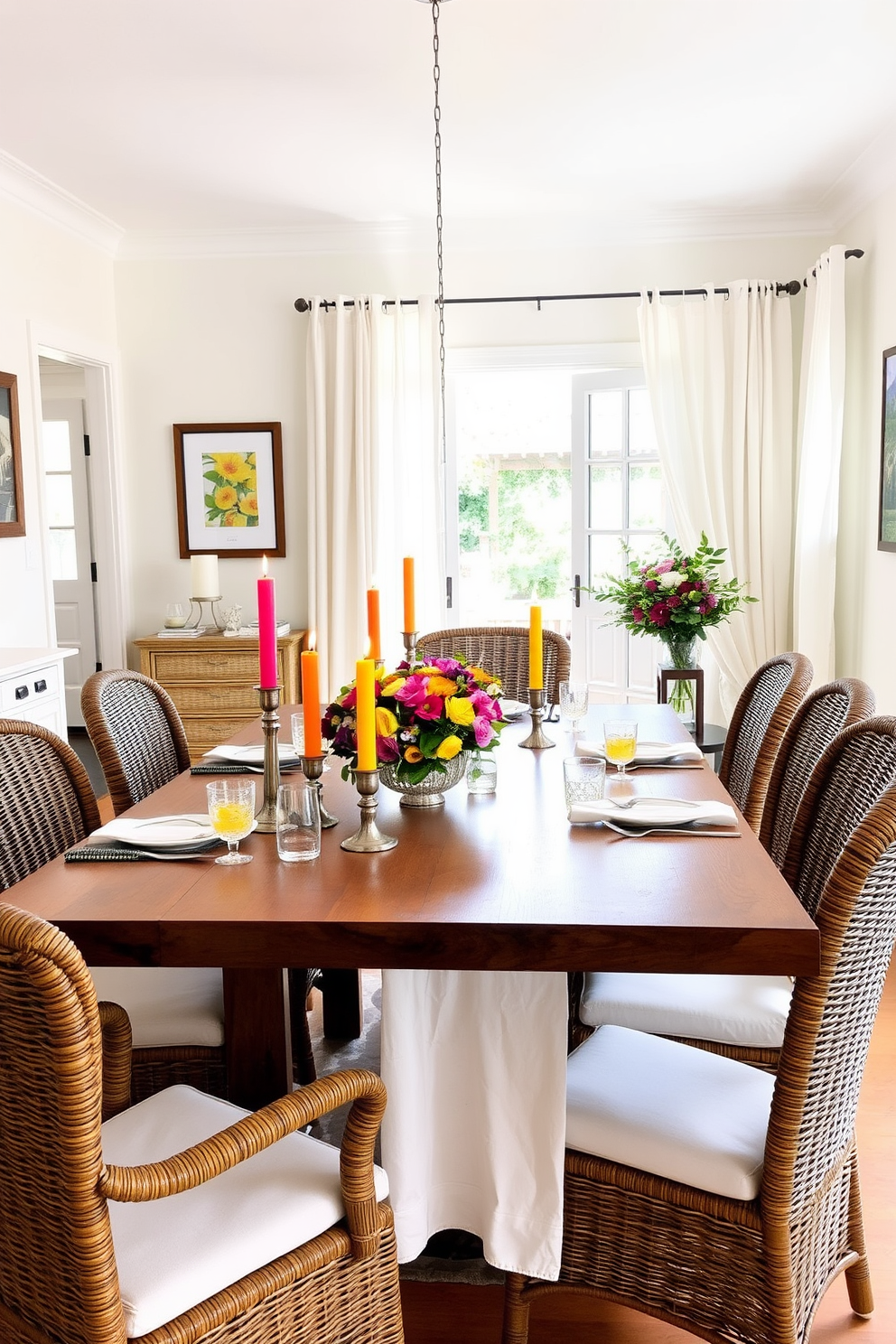 A summer dining room features a large wooden table set for six, adorned with bright colored candles in varying heights that create a warm glow. Surrounding the table are elegant wicker chairs with soft cushions, and the walls are painted in a light, airy pastel hue. A vibrant centerpiece of fresh flowers adds a touch of nature, while sheer curtains flutter gently in the breeze from an open window. The space is illuminated by natural light, enhancing the cheerful ambiance of the room.