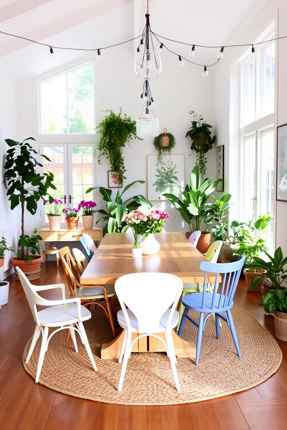 A bright and airy dining room features a large wooden table surrounded by mismatched chairs in soft pastel colors. Large windows allow natural light to flood the space, while potted plants and fresh flowers create a vibrant outdoor-inspired atmosphere. The walls are adorned with botanical prints, and a woven jute rug adds texture underfoot. String lights hang overhead, casting a warm glow, making it the perfect setting for summer gatherings.