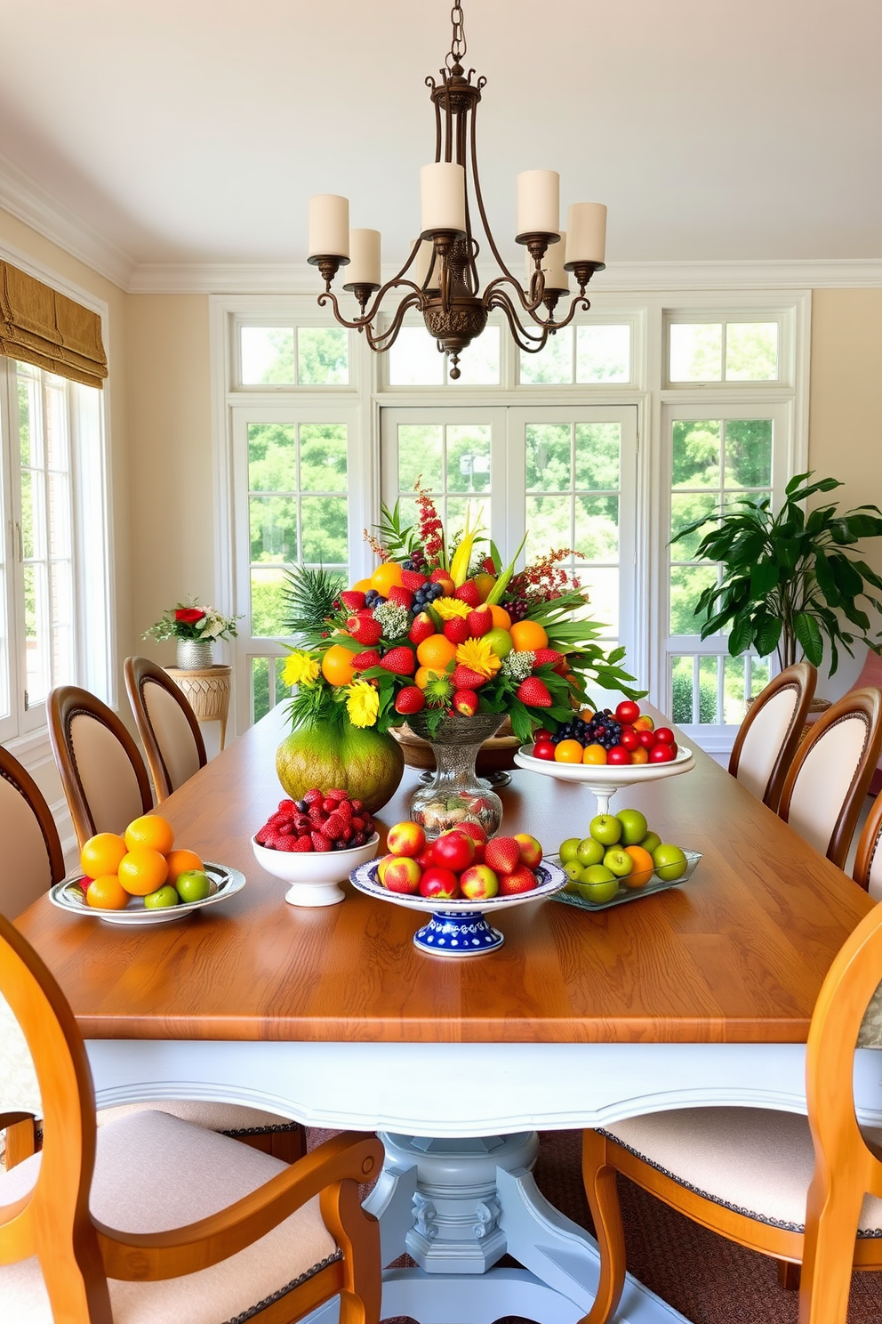 A vibrant summer dining room featuring a large wooden table adorned with a beautiful arrangement of seasonal fruit bowls. Each bowl is filled with an assortment of colorful fruits like strawberries, kiwis, and oranges, creating a lively centerpiece that enhances the cheerful atmosphere. Surrounding the table are elegant chairs with soft cushions that complement the bright decor. The walls are painted in a light, airy color, and large windows let in plenty of natural light, making the space feel warm and inviting.