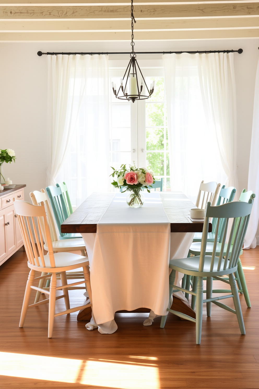 A bright summer dining room features lightweight linen tablecloths draping gracefully over a rustic wooden table. Surrounding the table are mismatched chairs painted in soft pastel colors, creating an inviting and relaxed atmosphere. Natural light floods the space through large windows adorned with sheer white curtains. Fresh flowers in a simple vase center the table, enhancing the airy and cheerful vibe of the room.